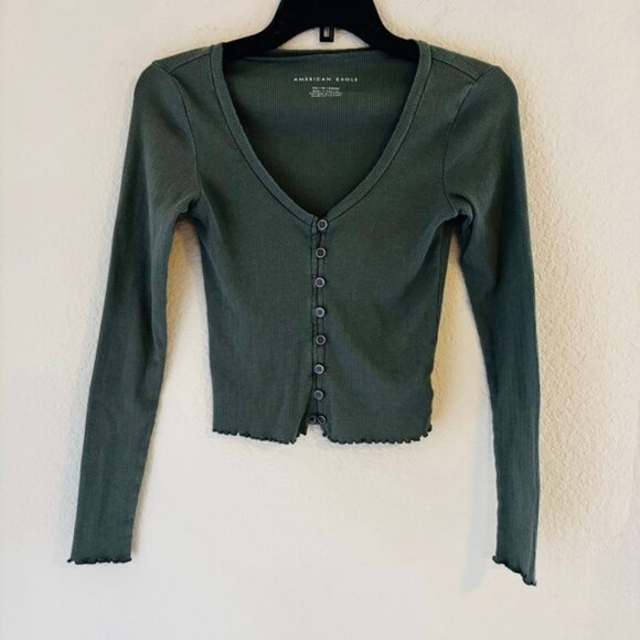 American Eagle Olive Green Ribbed Button Front Long Sleeve Tee XS - Picture 1 of 4